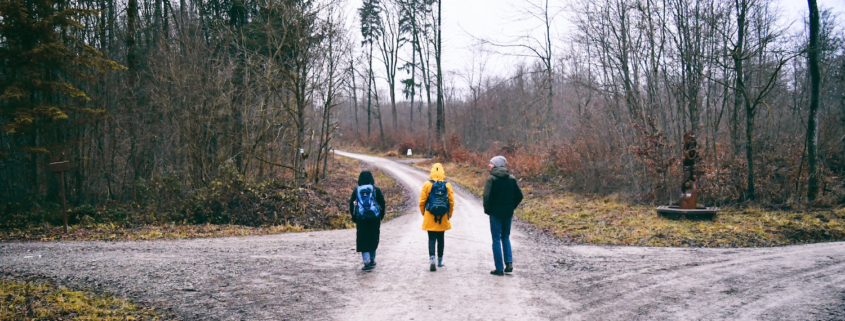 Drei Menschen wandern über eine Wegkreuzung