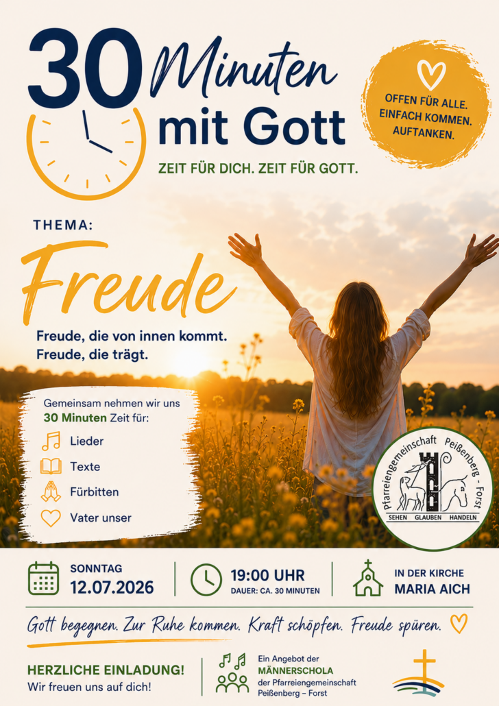 Offen für alle einfach kommen auftanken. Thema: Freude Freude, die von innen kommt Freude, die trägt Gemeinsam nehmen wir uns 30 Minuten Zeit für Lieder Texte Fürbitten Vater unser